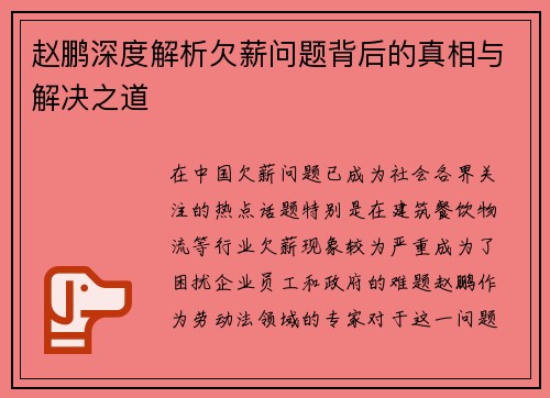 赵鹏深度解析欠薪问题背后的真相与解决之道 赵鹏深度解析欠薪问题背后的真相与解决之道